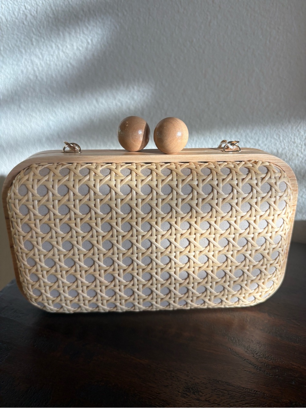 Tommy Bahama Natural Woven Rattan Box Clutch with Wooden Ball Clasp